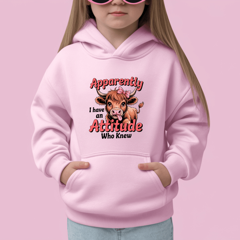 Youth pink hoodie featuring cute cow graphic and Apparently I Have An Attitude Who Knew quote