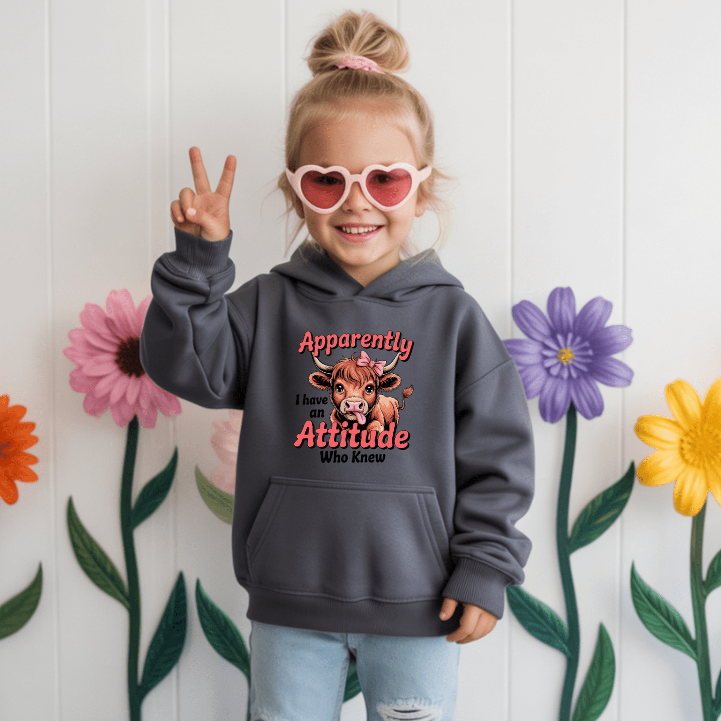 Charcoal youth sweatshirt hoodie with cute cow character and stylish pink typography