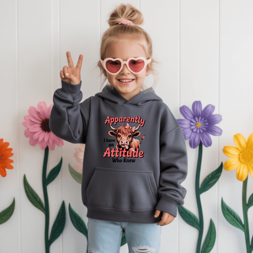 Charcoal youth sweatshirt hoodie with cute cow character and stylish pink typography