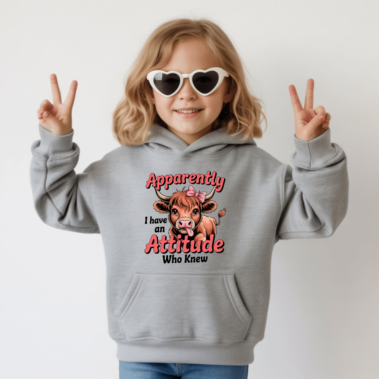 Gray youth pullover hoodie with trendy cow artwork and cute funny quote design