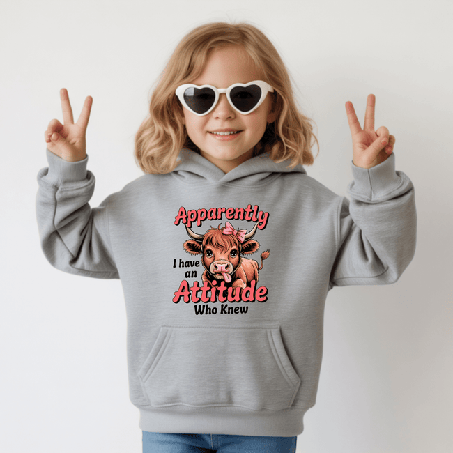 Gray youth pullover hoodie with trendy cow artwork and cute funny quote design