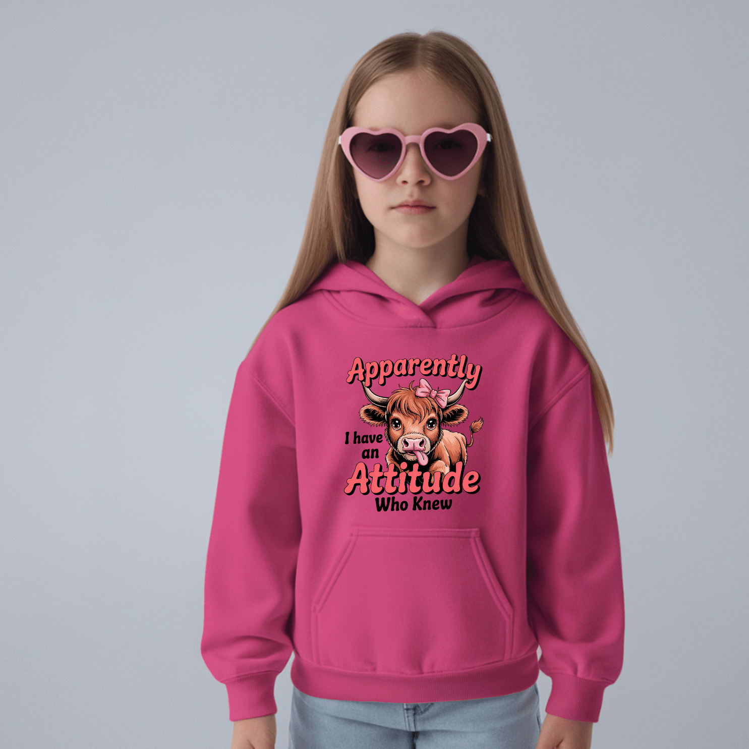 Heliconia pink kids hoodie with funny cow graphic and trendy fashion inspired quote