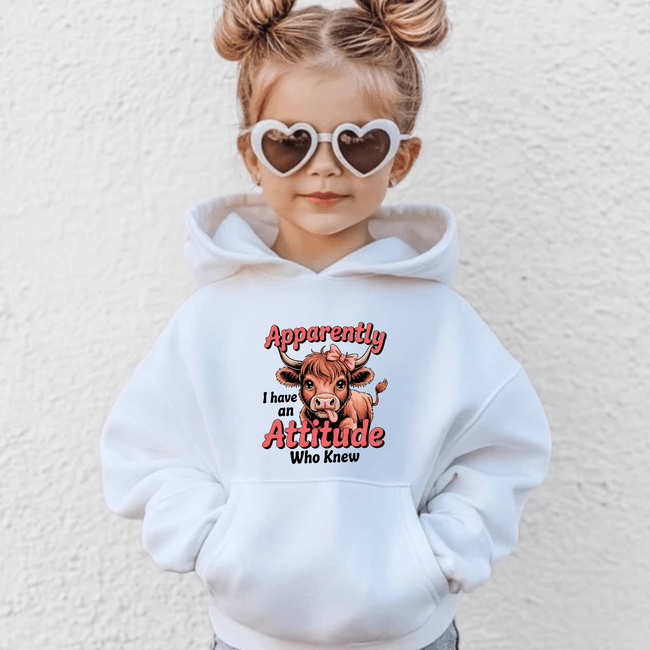 White girls hoodie featuring adorable cartoon cow and attitude themed graphic print