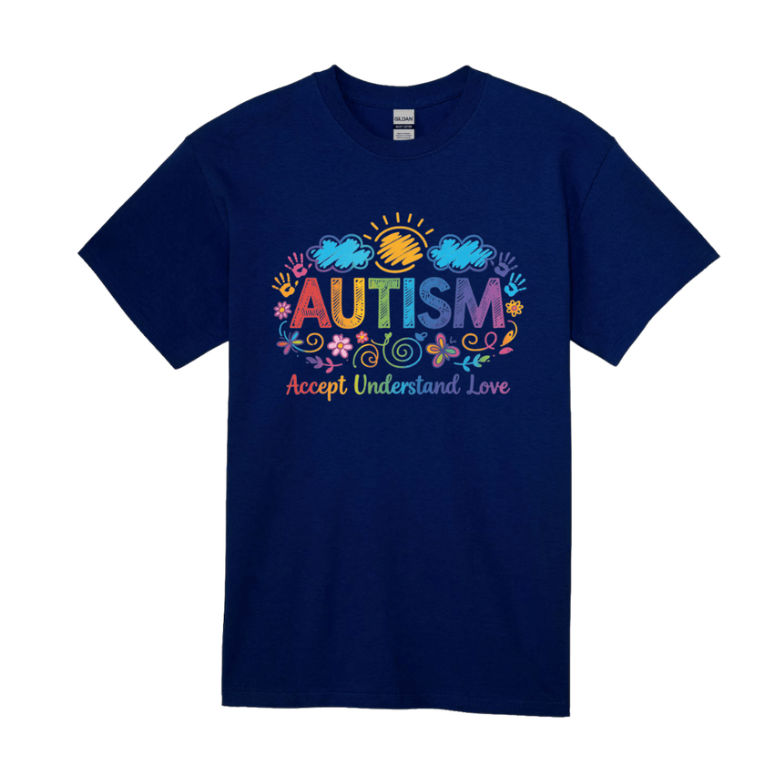Navy blue autism support t-shirt with bold colorful autism design
