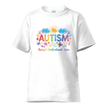 White autism support shirt with bright awareness symbols and inclusive message