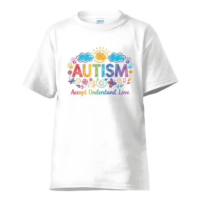 White autism support shirt with bright awareness symbols and inclusive message