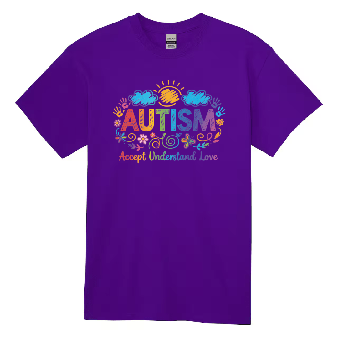 Purple autism awareness shirt with inclusive message and bright graphics