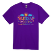 Purple autism awareness shirt with inclusive message and bright graphics