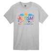 Grey autism awareness shirt with vibrant lettering and decorative elements