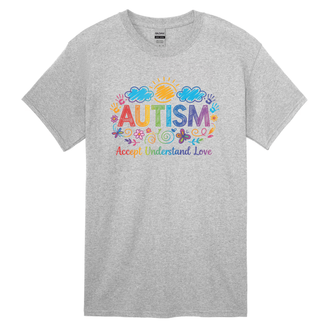 Grey autism awareness shirt with vibrant lettering and decorative elements