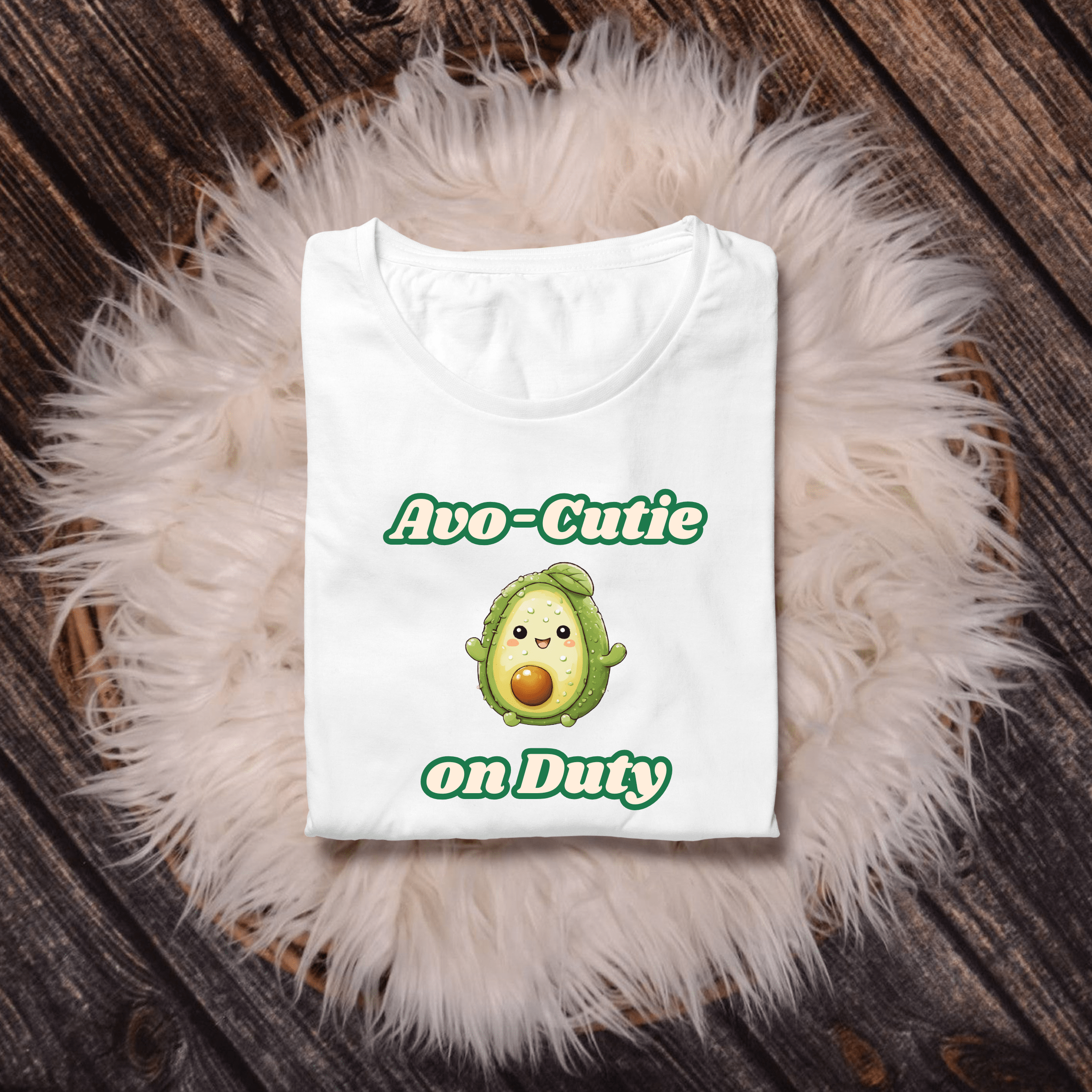 Smiling avocado with big eyes and leaf top featured on t-shirt design