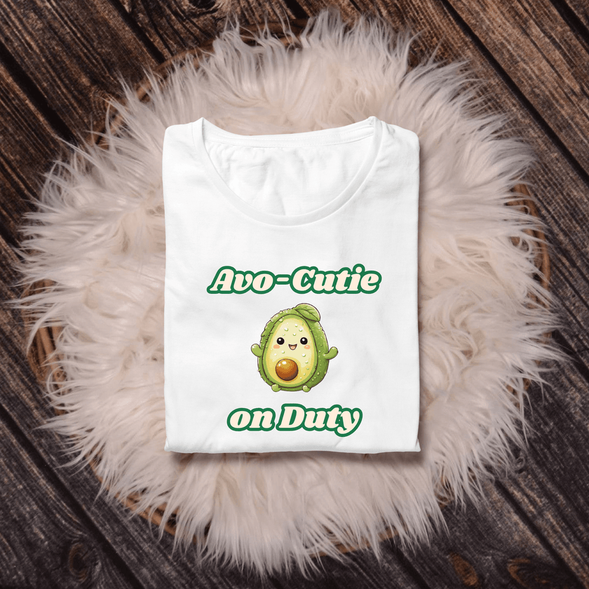 Smiling avocado with big eyes and leaf top featured on t-shirt design