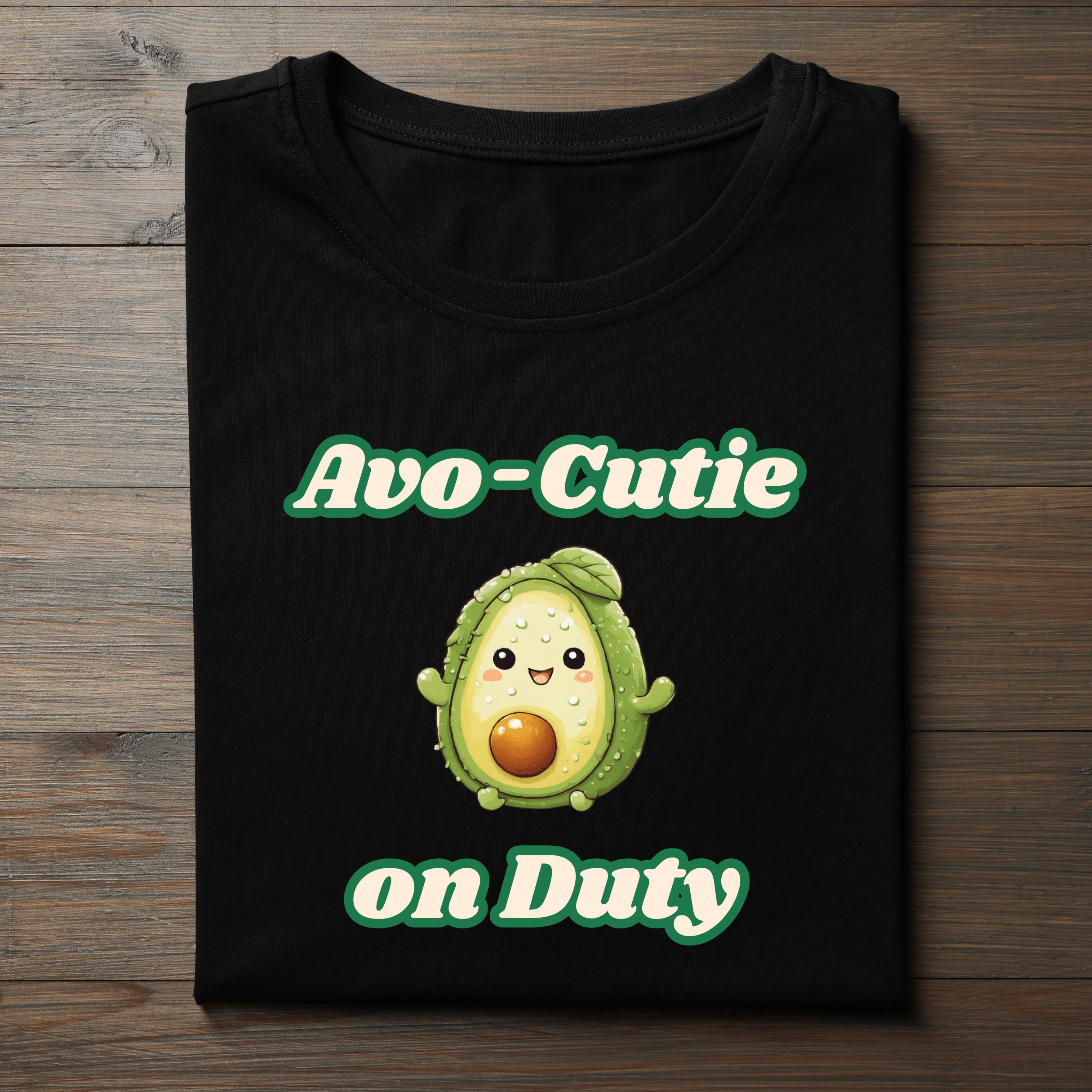 Close-up of kawaii avocado character with happy face printed on t-shirt