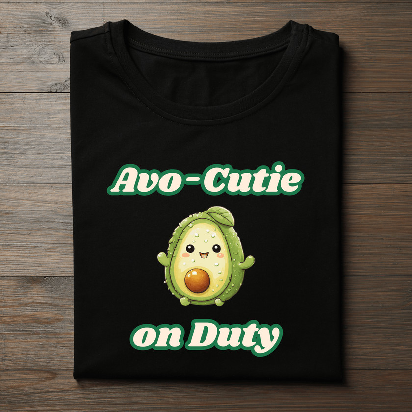 Close-up of kawaii avocado character with happy face printed on t-shirt