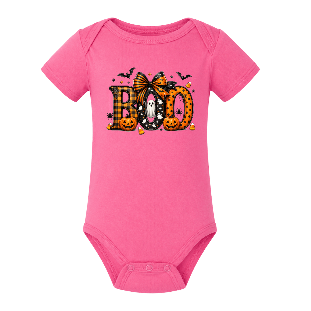 Hot pink baby Halloween onesie featuring a cute Boo ghost and pumpkin design for baby’s first Halloween
