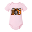 Light pink infant Halloween bodysuit with colourful Boo lettering, ghost, pumpkins and orange black bow graphic