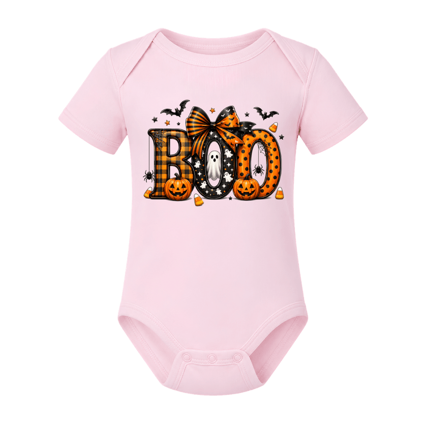 Light pink infant Halloween bodysuit with colourful Boo lettering, ghost, pumpkins and orange black bow graphic