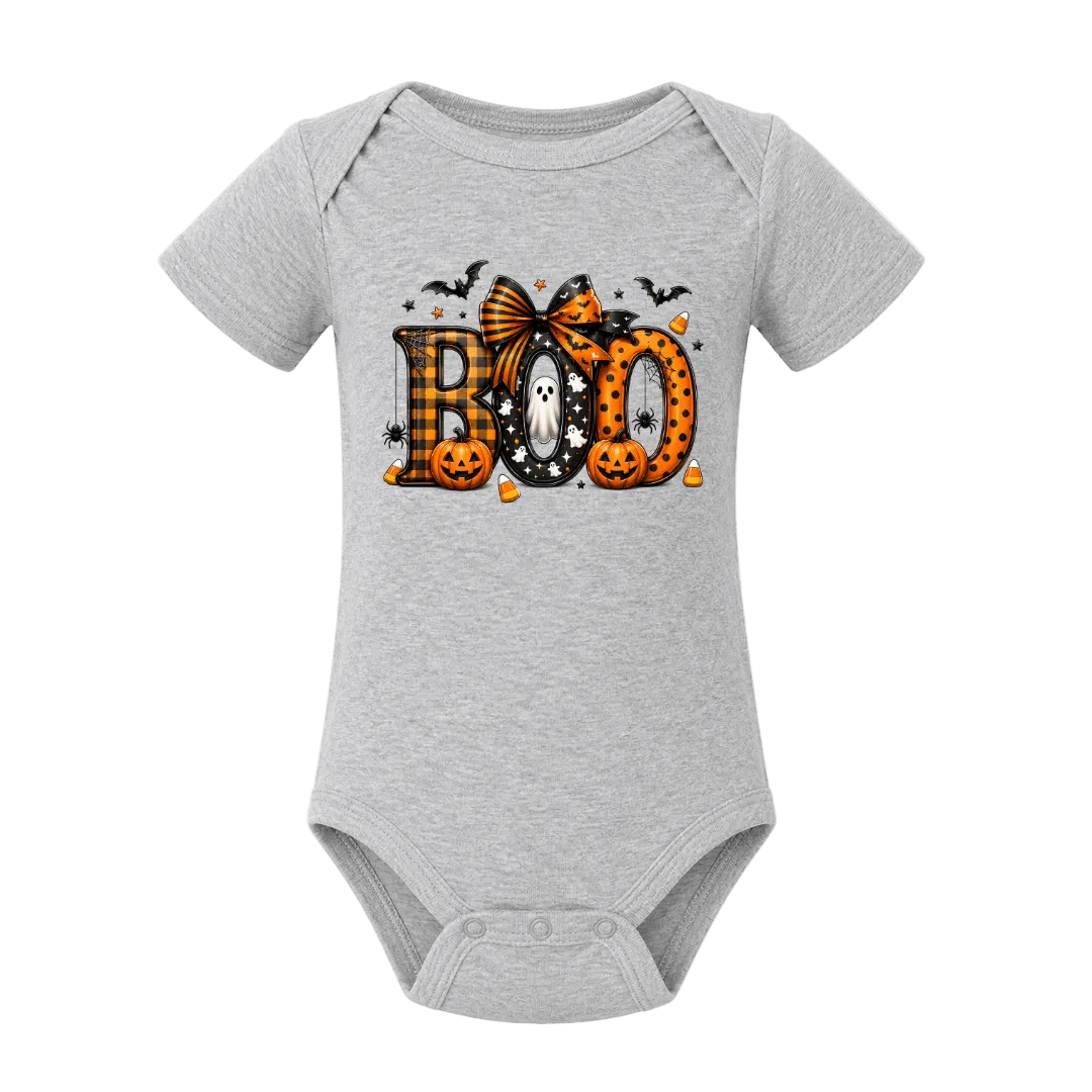 Grey infant Halloween bodysuit featuring Boo lettering with orange pumpkins, ghost, bats and Halloween bow
