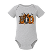 Grey infant Halloween bodysuit featuring Boo lettering with orange pumpkins, ghost, bats and Halloween bow