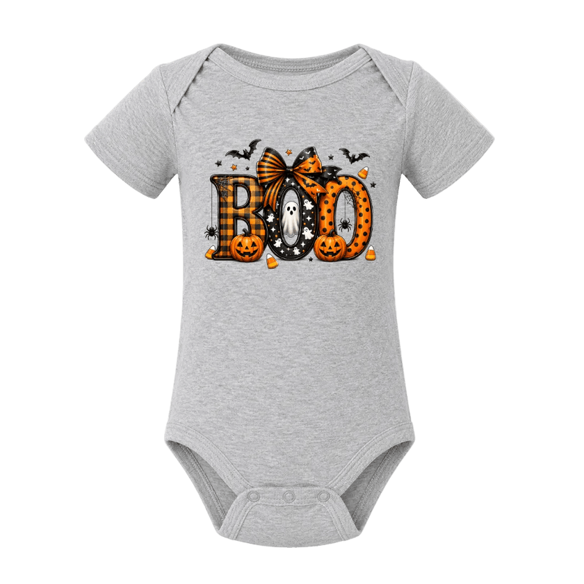 Grey infant Halloween bodysuit featuring Boo lettering with orange pumpkins, ghost, bats and Halloween bow
