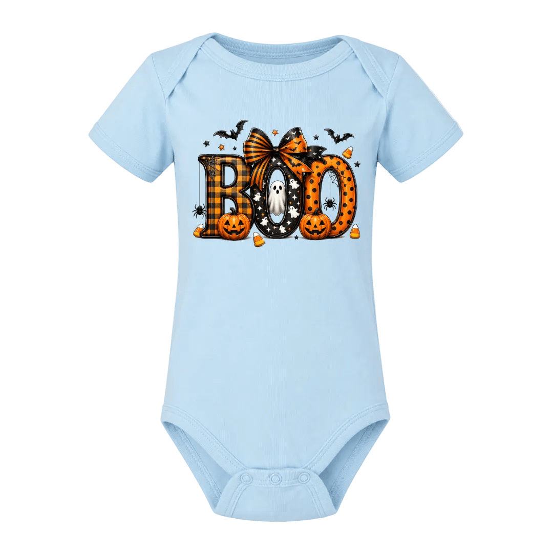 Light blue Baby Boo Halloween Onesie with festive pumpkins, bats, ghost and candy corn graphic on the front