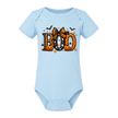Light blue Baby Boo Halloween Onesie with festive pumpkins, bats, ghost and candy corn graphic on the front