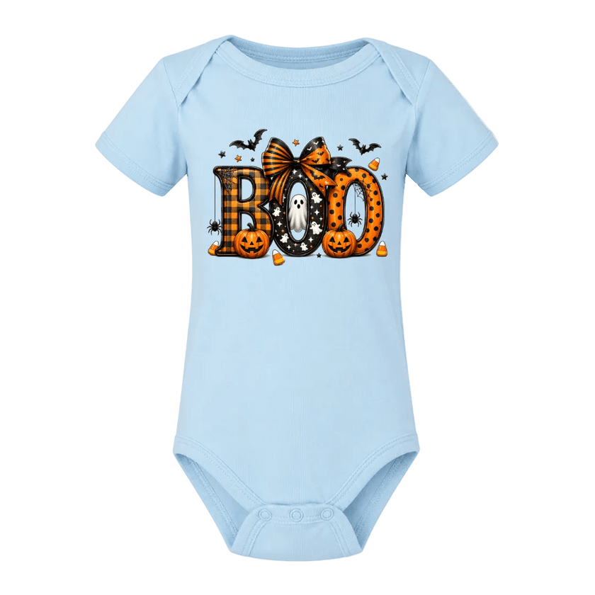 Light blue Baby Boo Halloween Onesie with festive pumpkins, bats, ghost and candy corn graphic on the front