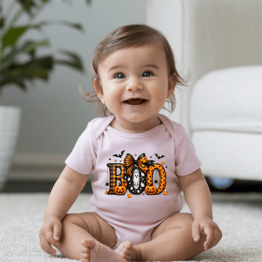 Baby Halloween onesie with adorable ghost, pumpkins, bats, candy corn and oversized orange and black bow design