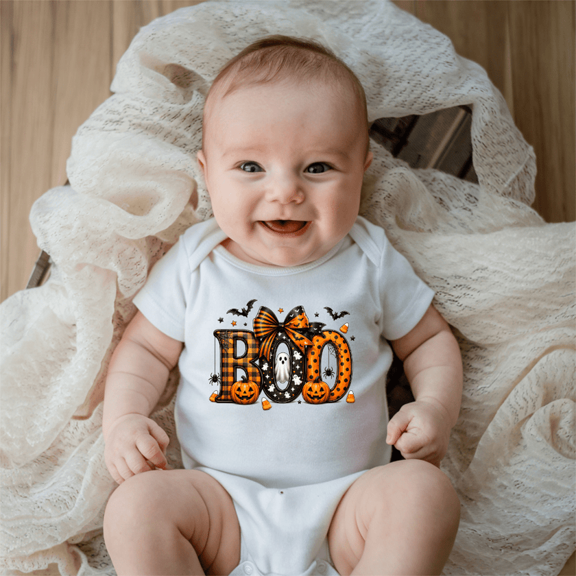 White Baby Boo Halloween Onesie featuring orange pumpkins, a cute ghost, bats, candy corn and decorative bow