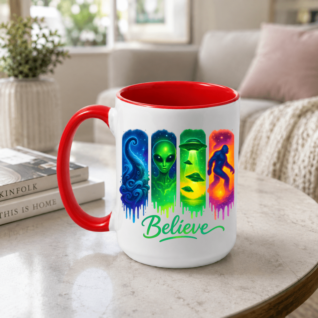 Red interior and handle Believe paranormal mug featuring alien, UFO and Bigfoot artwork for science fiction and cryptid fans.