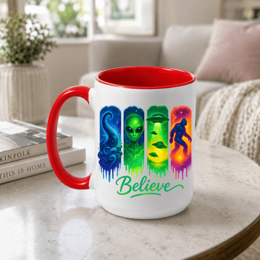 Red interior and handle Believe paranormal mug featuring alien, UFO and Bigfoot artwork for science fiction and cryptid fans.