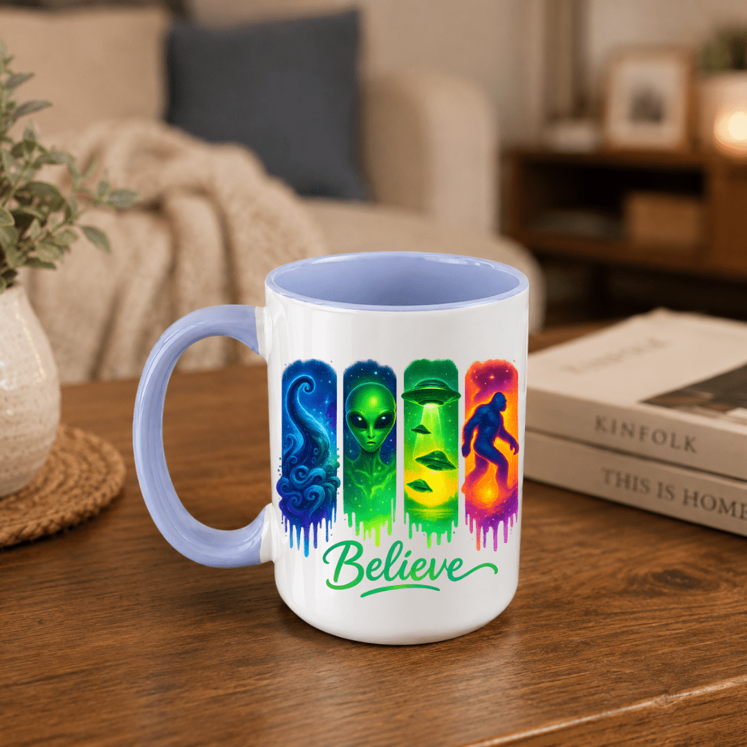 Purple accent Believe paranormal coffee mug featuring bright alien, UFO, Bigfoot and cryptid inspired artwork.