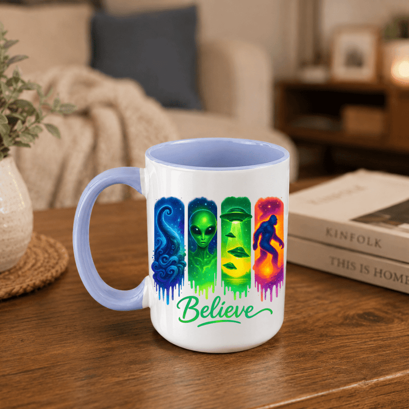 Purple accent Believe paranormal coffee mug featuring bright alien, UFO, Bigfoot and cryptid inspired artwork.