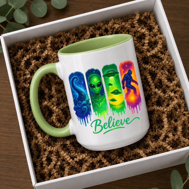 Green accent Believe alien UFO Bigfoot mug displayed in a gift box, perfect for cryptid and paranormal enthusiasts.