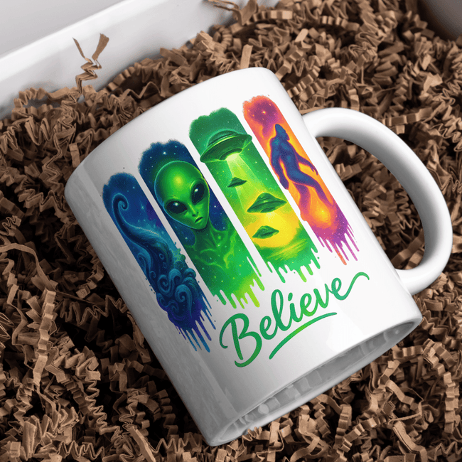 White Believe paranormal coffee mug featuring an alien, UFO, mysterious tentacle and Bigfoot in vibrant cosmic colours.