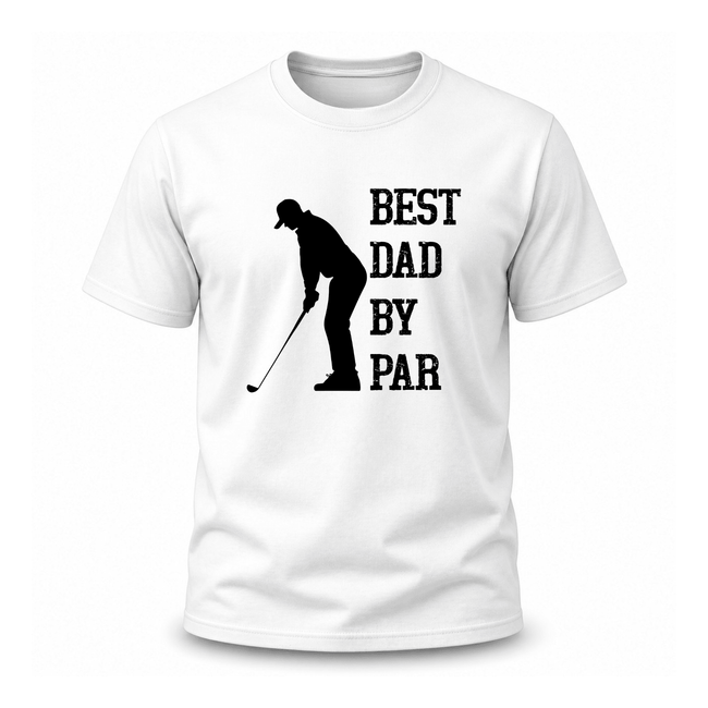 White golf dad graphic tee featuring Best Dad By Par slogan and golfer silhouette design for men