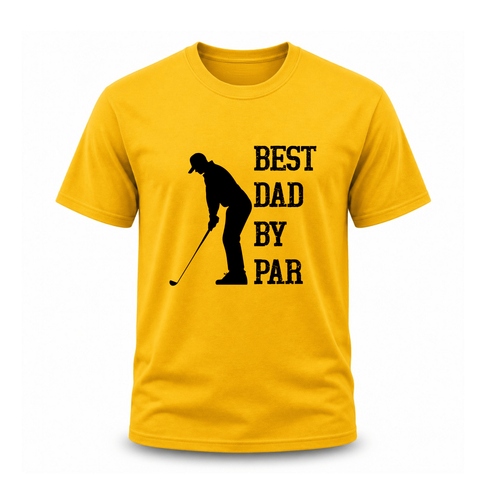 Yellow golf-themed Father’s Day t-shirt with golfer silhouette and funny dad slogan graphic