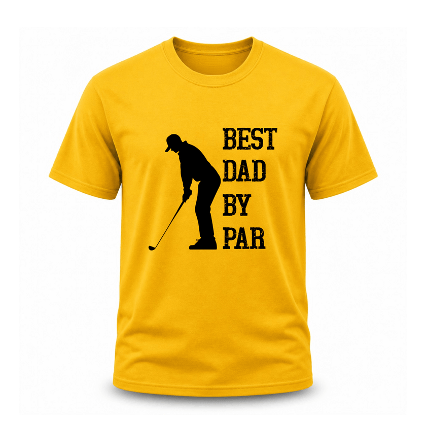 Yellow golf-themed Father’s Day t-shirt with golfer silhouette and funny dad slogan graphic