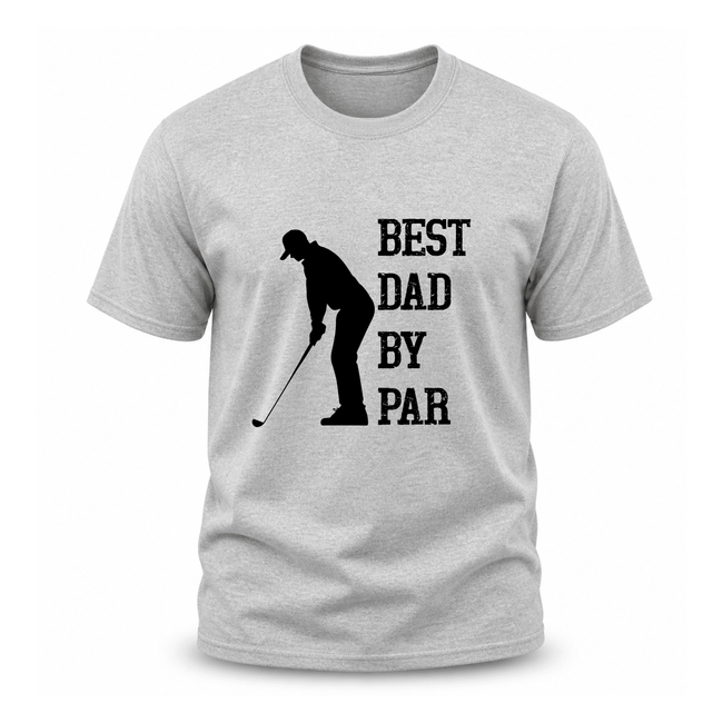 Grey men’s Father’s Day golf shirt with Best Dad By Par text and premium golfer artwork