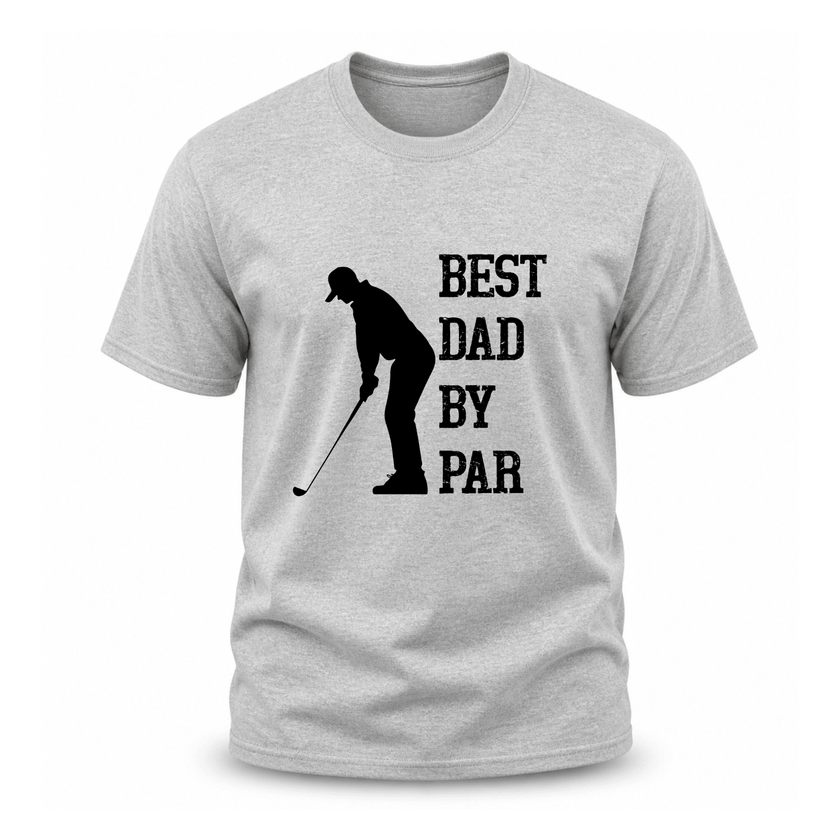 Grey men’s Father’s Day golf shirt with Best Dad By Par text and premium golfer artwork