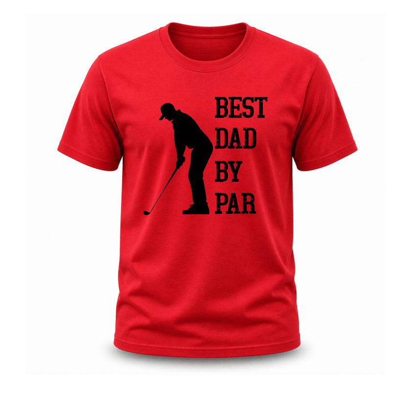 Red premium cotton dad golf shirt featuring humorous Best Dad By Par typography design