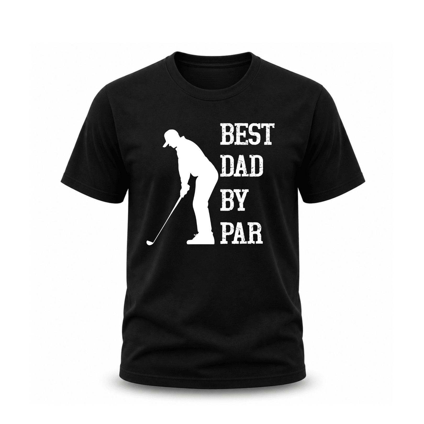 Black Best Dad By Par golf t-shirt with white golfer silhouette and distressed typography for fathers