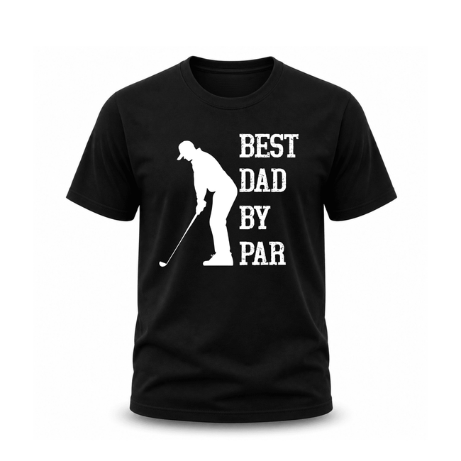 Black Best Dad By Par golf t-shirt with white golfer silhouette and distressed typography for fathers
