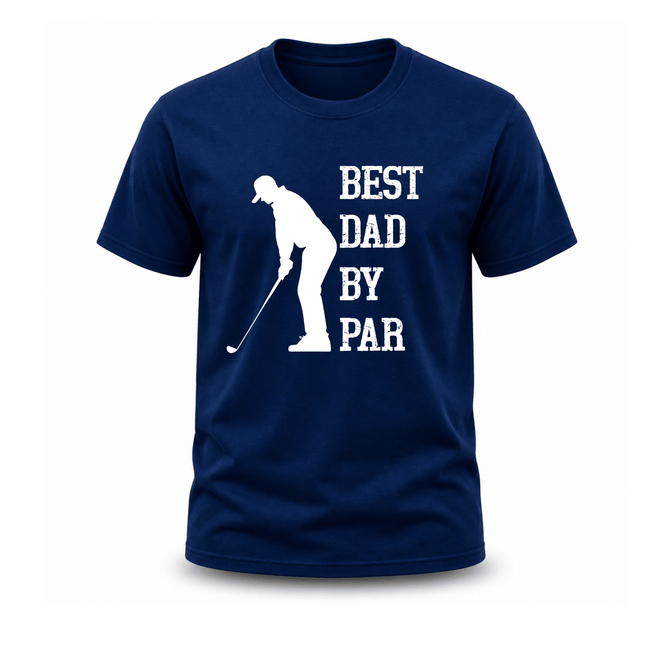 Navy blue funny golf dad t-shirt with bold distressed lettering and golfer silhouette graphic