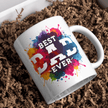 White ceramic Best Dad Ever coffee mug featuring colorful paint splash artwork and bold typography