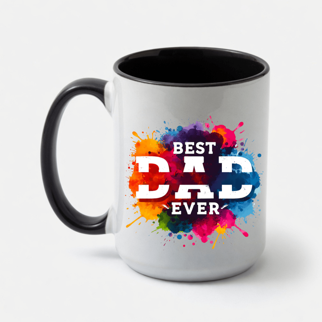 Father's Day gift mug featuring colorful splash artwork and heartfelt Best Dad Ever message