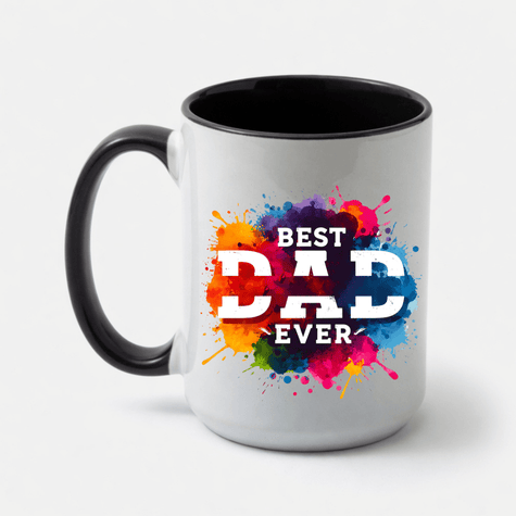 Father's Day gift mug featuring colorful splash artwork and heartfelt Best Dad Ever message