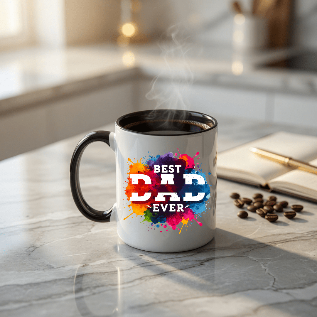 Best Dad Ever ceramic coffee cup displayed on kitchen counter with colorful graphic print