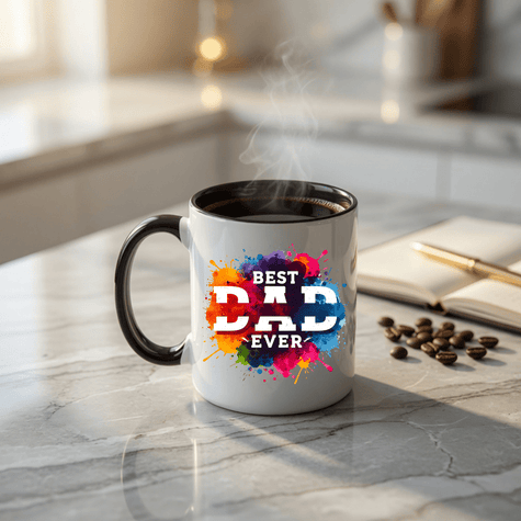 Best Dad Ever ceramic coffee cup displayed on kitchen counter with colorful graphic print