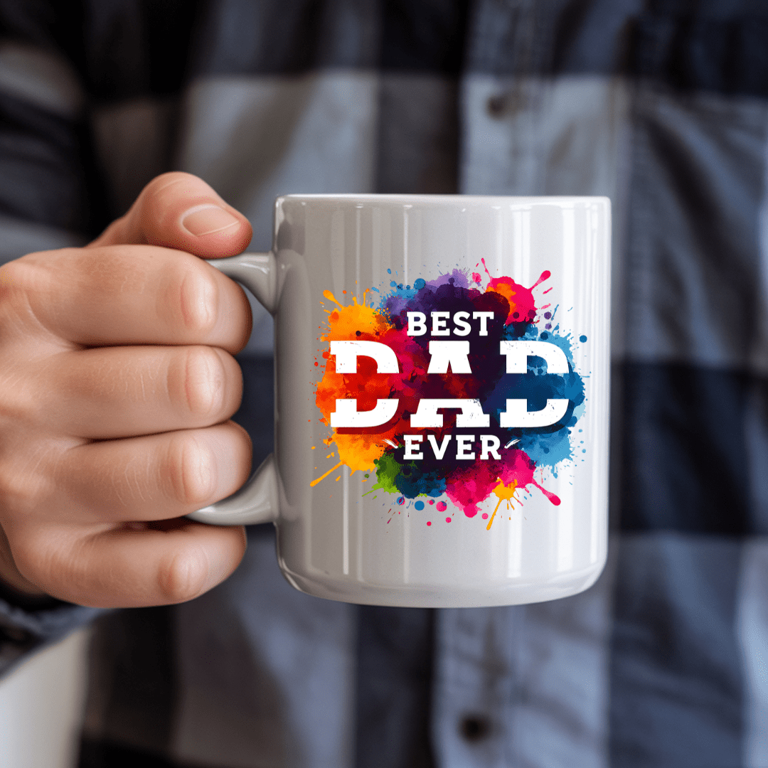 Glossy ceramic mug for dads with bright paint splash design suitable for coffee, tea, and hot beverages